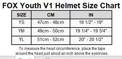 fox youth helmet sizing